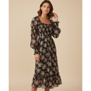 ASTR The Label Floral Cinched Long Sleeve Midi Peasant Dress Size XS